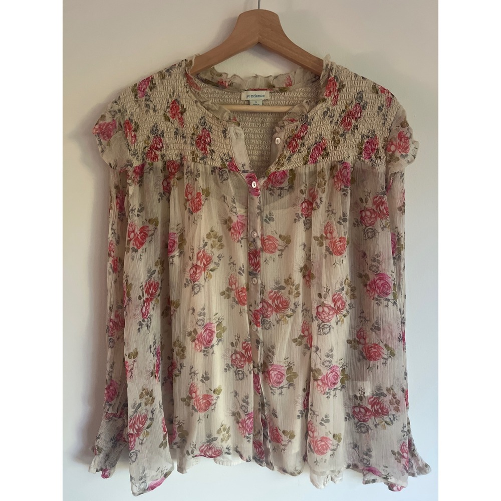 Sundance Floral Romantic Blouse Long Sleeve Cream and Pink Size Small